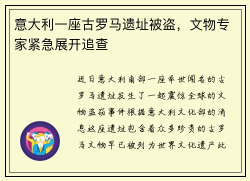 意大利一座古罗马遗址被盗，文物专家紧急展开追查